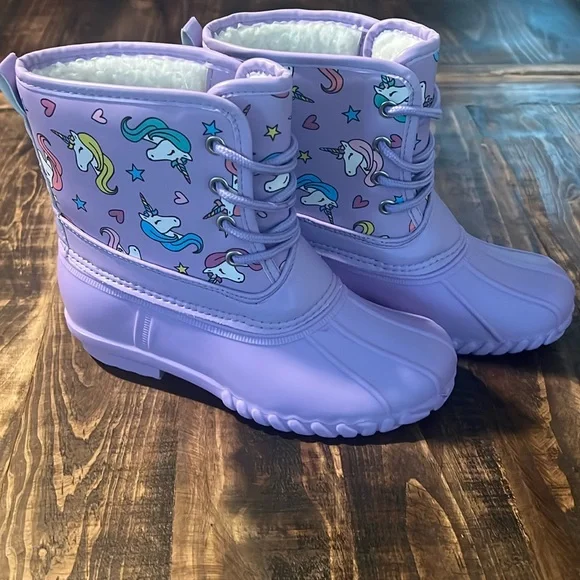 Size 2 girls lined lavender unicorn duck boots NWOT - Picture 1 of 8